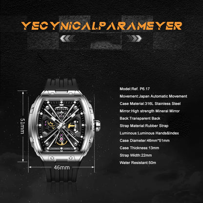 PONIGER Men Automatic Watch 46mm Luxury Tonneau Mechanical Wristwatch Sapphire Luminous Skeleton Dial Rubber Strap