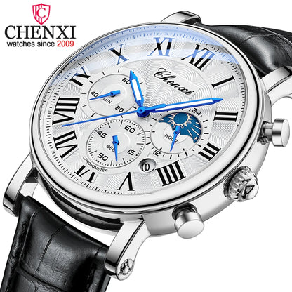 CHENXI, nuevo reloj de cuarzo con cronógrafo para hombre, reloj con esfera de fecha y fase lunar, reloj de pulsera luminoso resistente al agua de cuero para hombre de primera marca