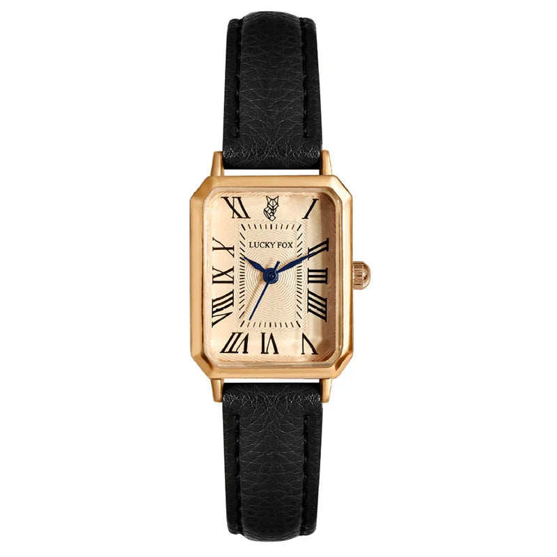 Women Watch Rectangle Case Gold Dial Quartz Wristwatch Simple Roman Numerals Female Black Strap Clock Vintage Fashion Reloj