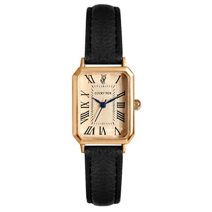 Women Watch Rectangle Case Gold Dial Quartz Wristwatch Simple Roman Numerals Female Black Strap Clock Vintage Fashion Reloj