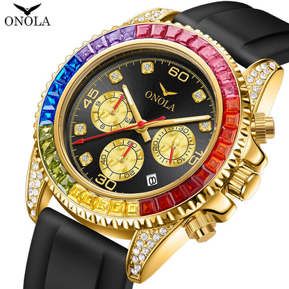 Reloj de cuarzo para hombre de alta calidad con diamantes de colores a la moda ONOLA cinta de silicona reloj resistente al agua reloj para hombre