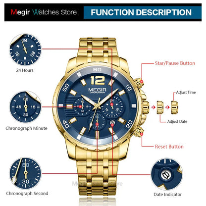 Relojes Megir de cuarzo de acero inoxidable dorado para hombre, reloj de pulsera Analgue con cronógrafo de negocios para hombre, resistente al agua, luminoso 2068ggd-2n3