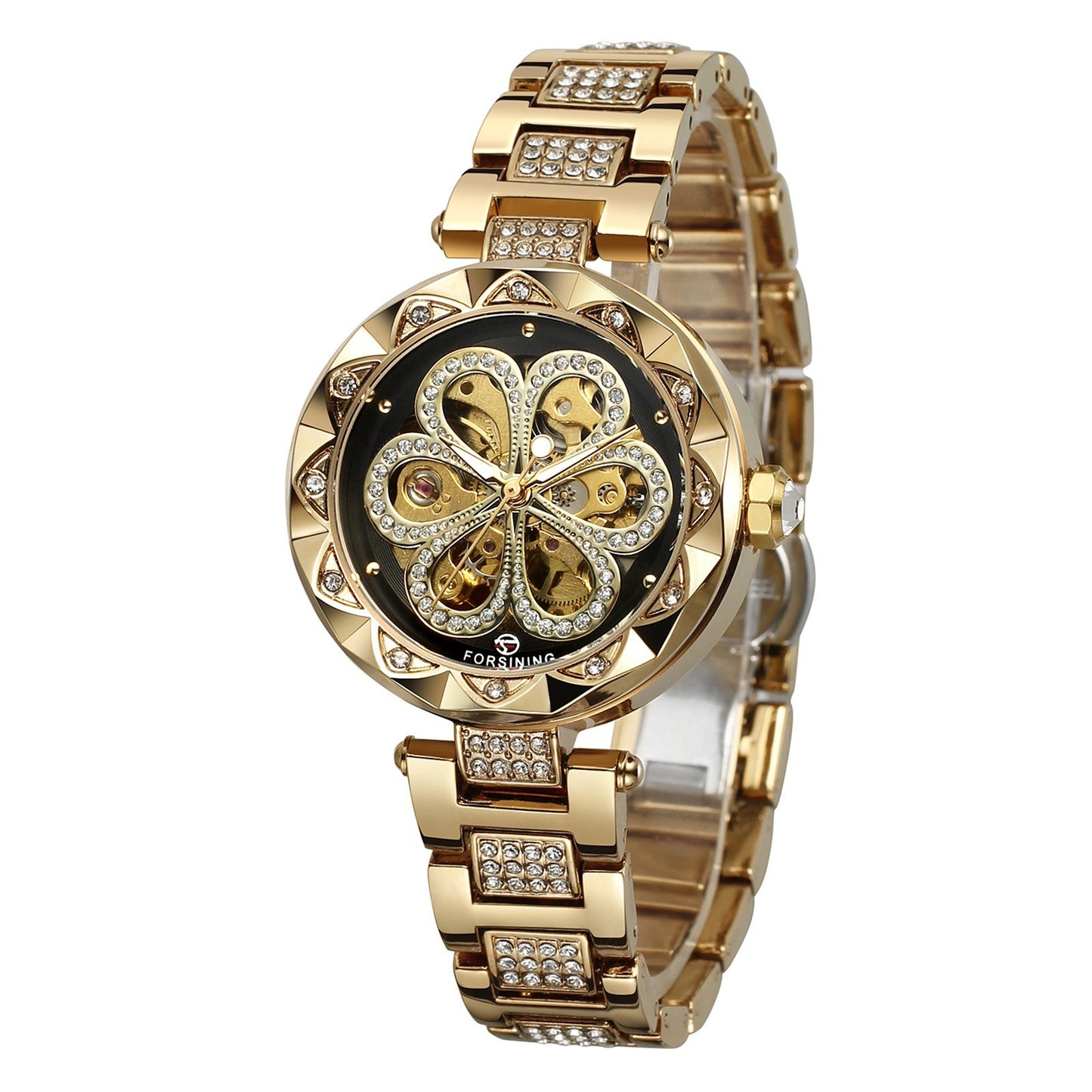 FORSINING Reloj para Mujer Relojes Mecánicos Automáticos con Correa de Acero Inoxidable Diseño Hueco Clásico Pantalla Luminosa Reloj de Pulsera de Moda - Negro / Dorado