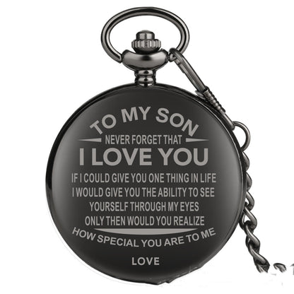 Reloj de bolsillo de cuarzo conmemorativo con letras de moda europea y americana para mi hijo