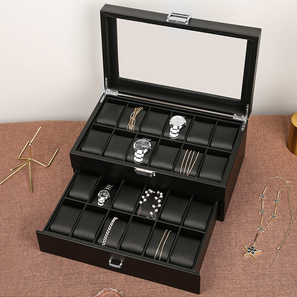 Double Layer 24 Bit Carbon Fiber PU Watch Storage Box