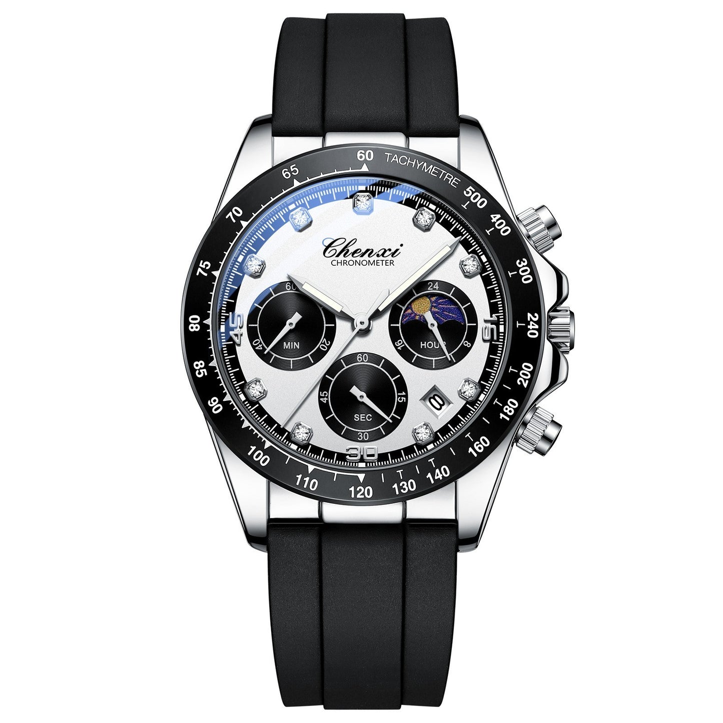 Reloj de pulsera de silicona multifuncional para hombre con tres ojos y seis agujas