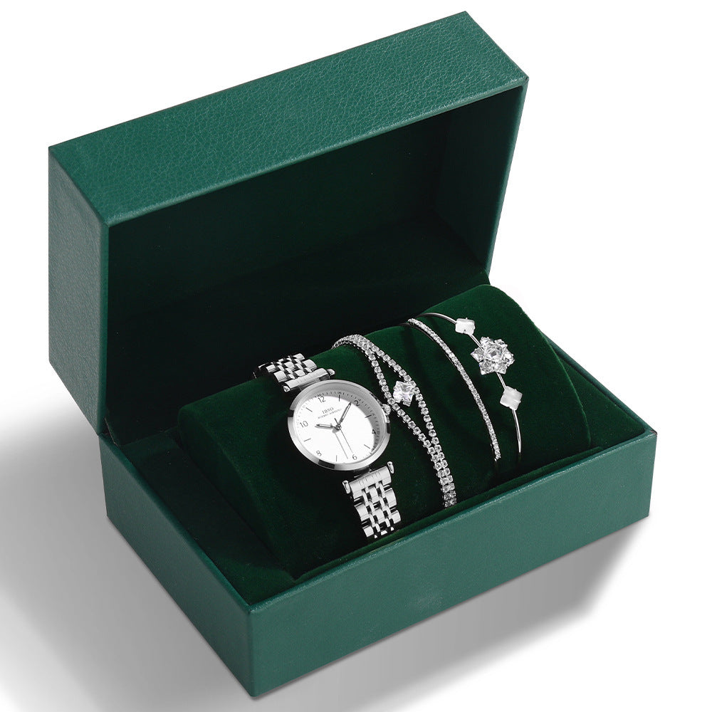 Conjunto de reloj con correa de acero para mujer en color verde