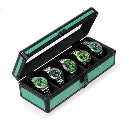 Green Aluminum Alloy 5 Grid Top Cover Transparent Watch Storage Box