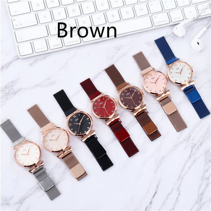 Conjunto de regalo informal para mujer, conjunto de pulsera y brazalete de reloj de cuarzo con correa de malla de disco, 6 piezas