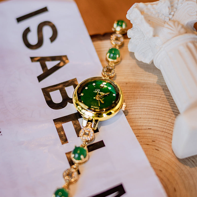 Reloj de jade y calcedonia con pulsera de monedas de cobre para mujer