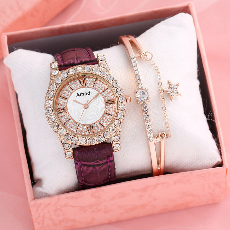 Reloj de cuarzo sencillo y a la moda con esfera romana y diamantes incrustados para mujer, caja de regalo