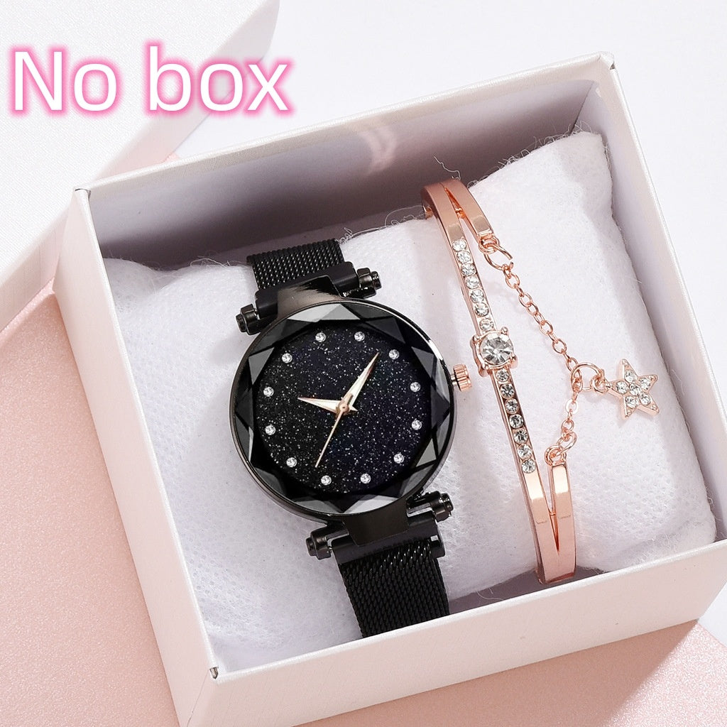 Conjunto de relojes de lujo para mujer, pulsera y hebilla magnética elegante a la moda, conjunto de reloj con cielo estrellado para mujer