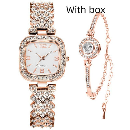 Reloj cuadrado pequeño con diamantes para mujer, pulsera y caja de regalo