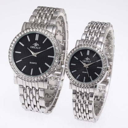 Reloj de cuarzo casual sencillo para hombre y mujer con correa de acero y diamantes