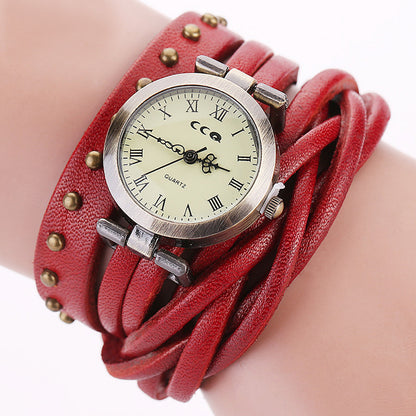 Reloj de pulsera con personalidad de moda para mujer, estilo trenzado de masa de piel de vaca, remache retro