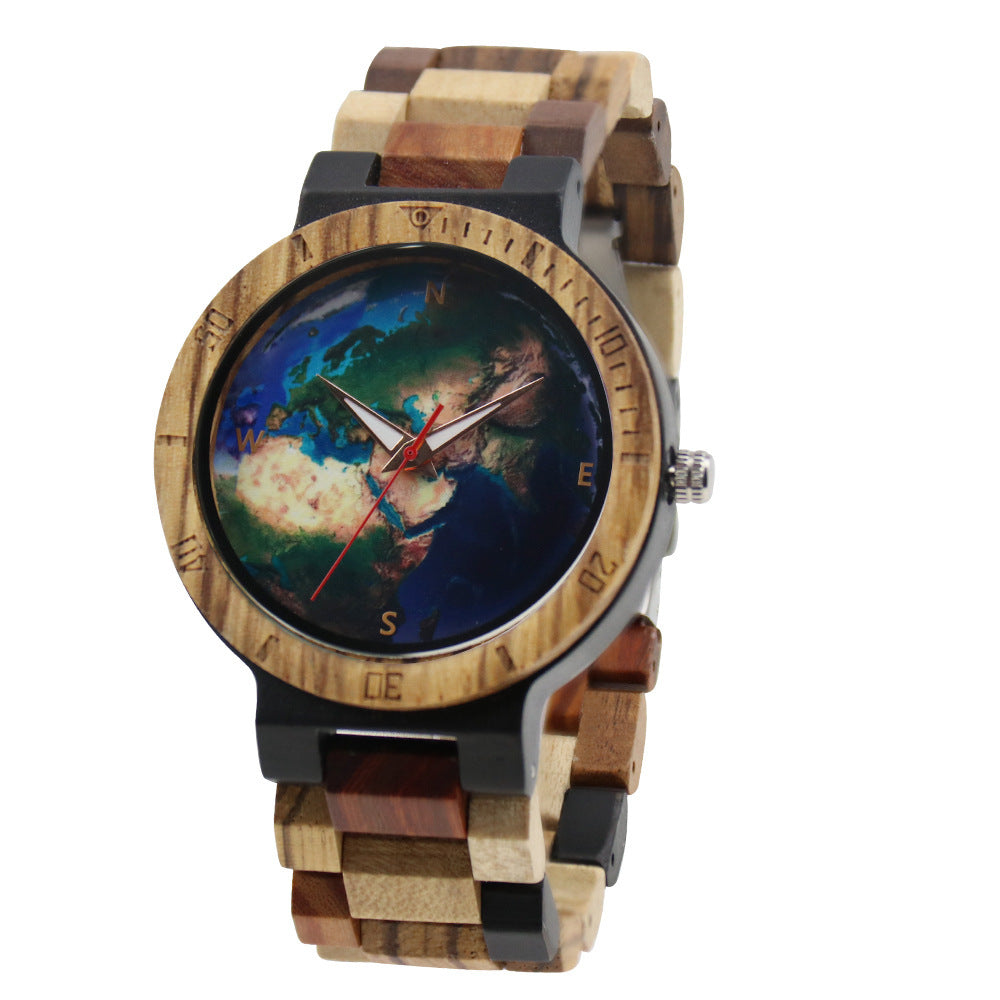 Round Dial Around The World Casual Men's Wooden Quartz Watch