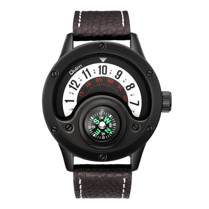 Relojes de cuero con brújula decorativa, reloj masculino de gran tamaño