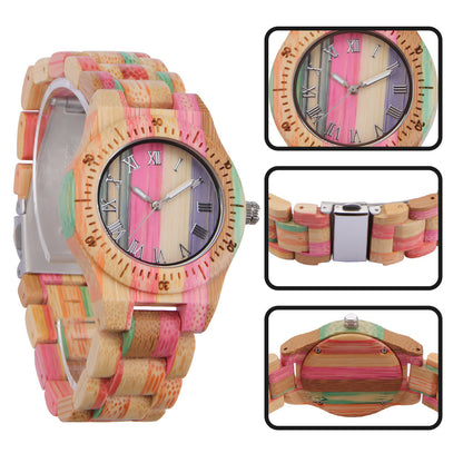 Reloj de cuarzo de madera informal de moda de bambú colorido para mujer