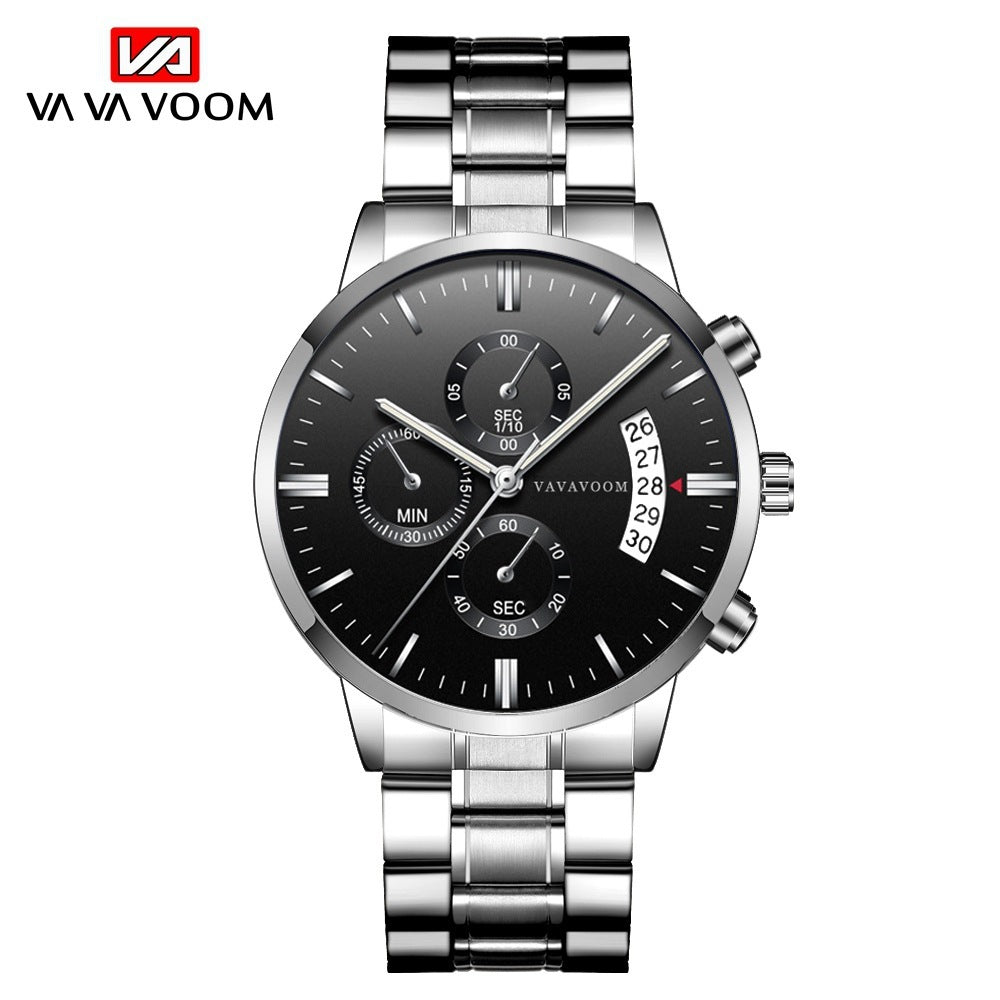 Reloj de cuarzo para hombre, de acero inoxidable, con calendario informal de negocios, resistente al agua, de acero fino negro