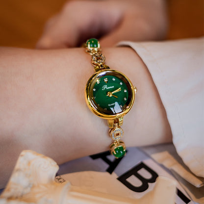 Reloj de jade y calcedonia con pulsera de monedas de cobre para mujer