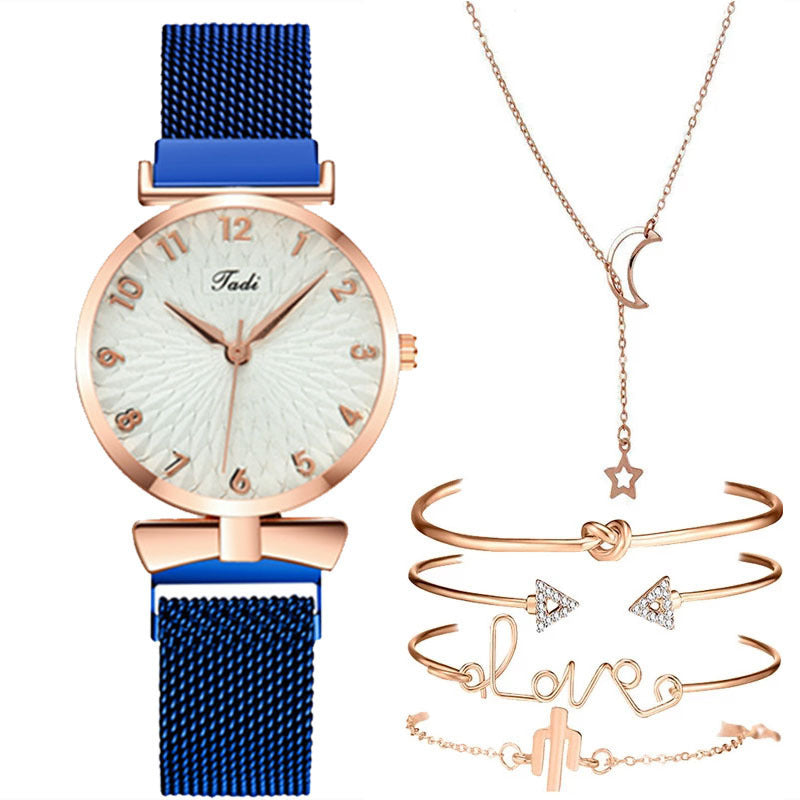 Conjunto de regalo informal para mujer, conjunto de pulsera y brazalete de reloj de cuarzo con correa de malla de disco, 6 piezas