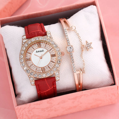 Reloj de cuarzo sencillo y a la moda con esfera romana y diamantes incrustados para mujer, caja de regalo