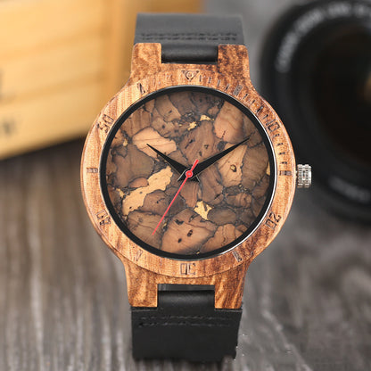 Reloj informal de madera para hombre con esfera de madera y hojas rotas