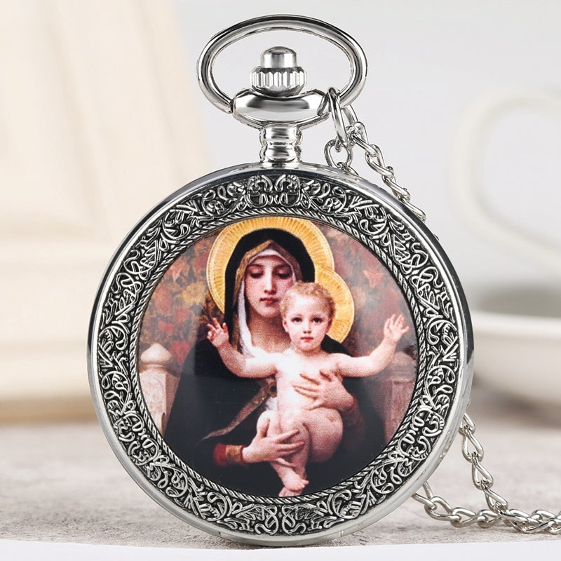 Reloj de bolsillo grande con motivo de la Virgen María y Jesús