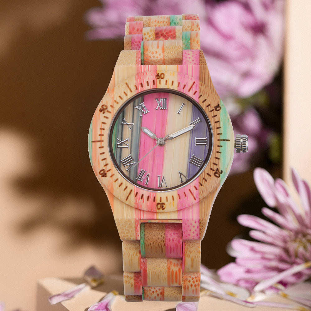 Reloj de cuarzo de madera informal de moda de bambú colorido para mujer