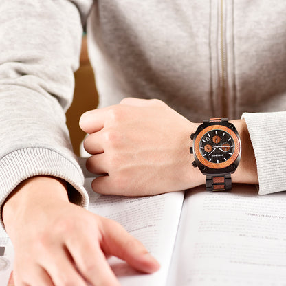 Reloj de madera de cuarzo con tres esferas y multifunción