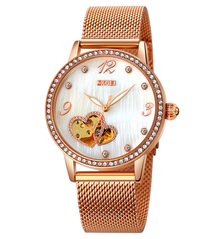 Reloj Luminoso De Oro Rosa Con Esfera De Nácar Y Diamantes