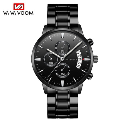 Reloj de cuarzo para hombre, de acero inoxidable, con calendario informal de negocios, resistente al agua, de acero fino negro