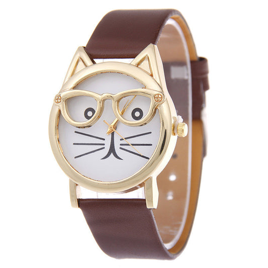 Reloj de dibujos animados con gafas, reloj con cinturón de gato para estudiantes, reloj de cuarzo para mujer, reloj de regalo