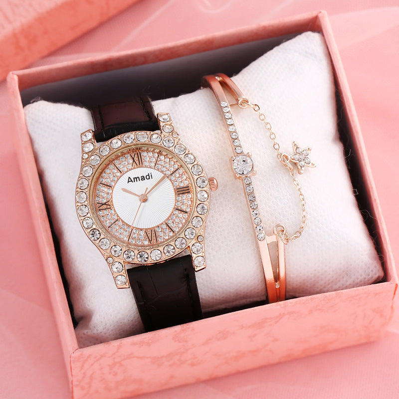 Reloj de cuarzo sencillo y a la moda con esfera romana y diamantes incrustados para mujer, caja de regalo