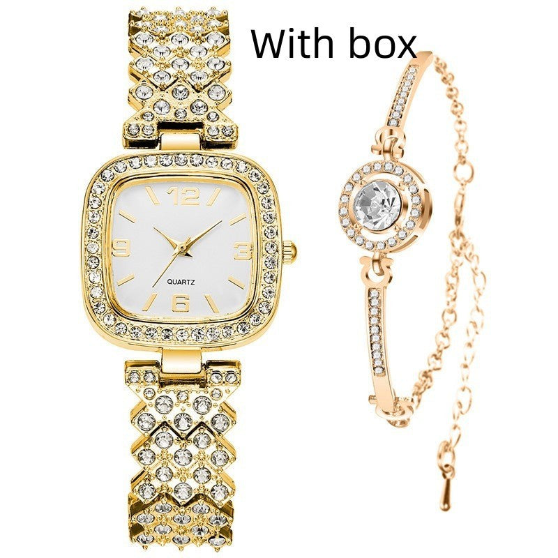 Reloj cuadrado pequeño con diamantes para mujer, pulsera y caja de regalo