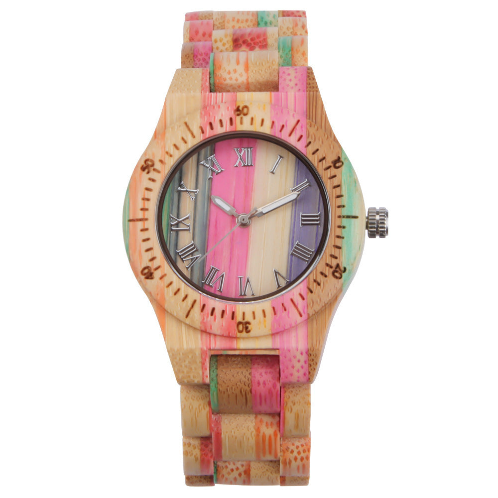 Reloj de cuarzo de madera informal de moda de bambú colorido para mujer