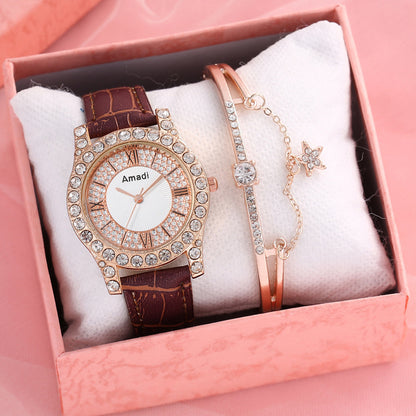 Reloj de cuarzo sencillo y a la moda con esfera romana y diamantes incrustados para mujer, caja de regalo