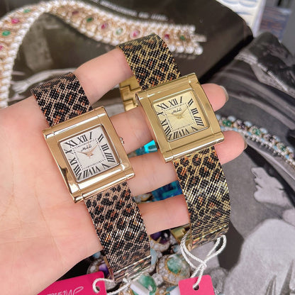 Reloj cuadrado de malla con estampado de leopardo y cinturón de acero de moda para mujer