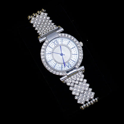 Reloj de mujer con patrón romano y diamantes incrustados, conjunto de regalo de joyería, reloj de pulsera para mujer, de lujo, ligero, lleno de diamantes, atractivo