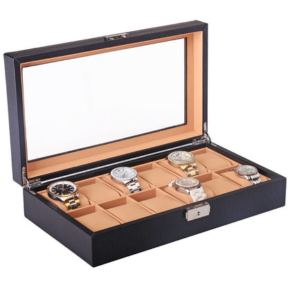 12-bit Carbon Fiber PU Leather Watch Case Storage Box