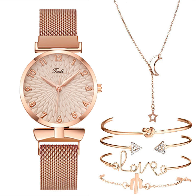 Conjunto de regalo informal para mujer, conjunto de pulsera y brazalete de reloj de cuarzo con correa de malla de disco, 6 piezas