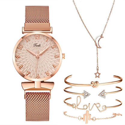 Conjunto de regalo informal para mujer, conjunto de pulsera y brazalete de reloj de cuarzo con correa de malla de disco, 6 piezas