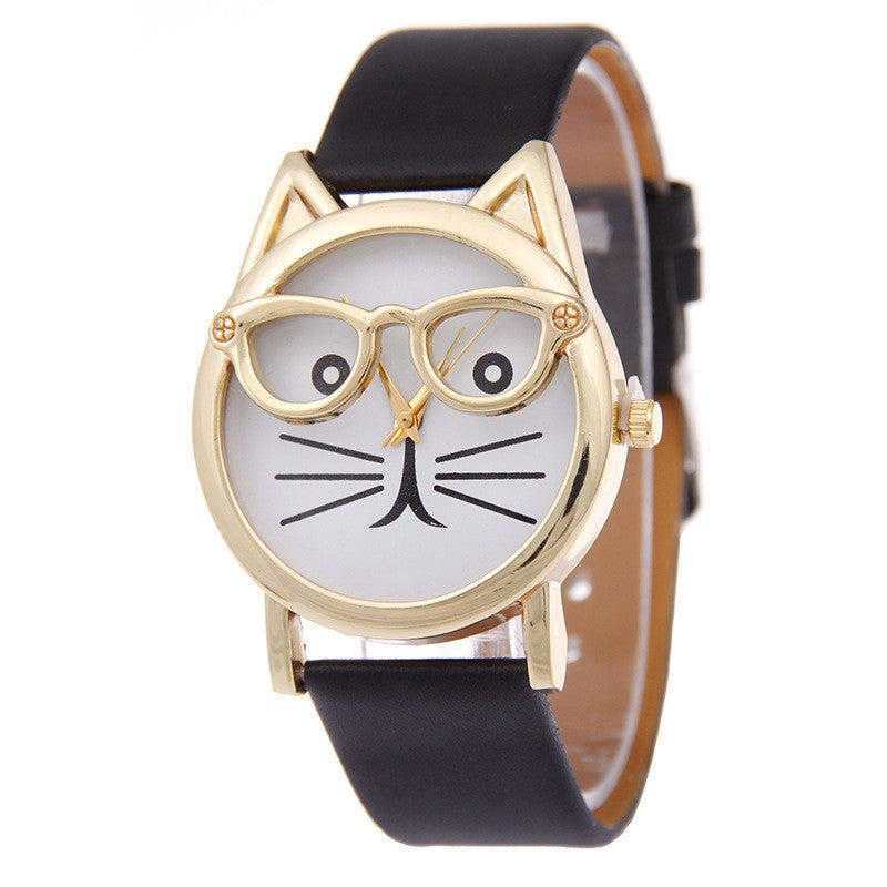 Reloj de dibujos animados con gafas, reloj con cinturón de gato para estudiantes, reloj de cuarzo para mujer, reloj de regalo