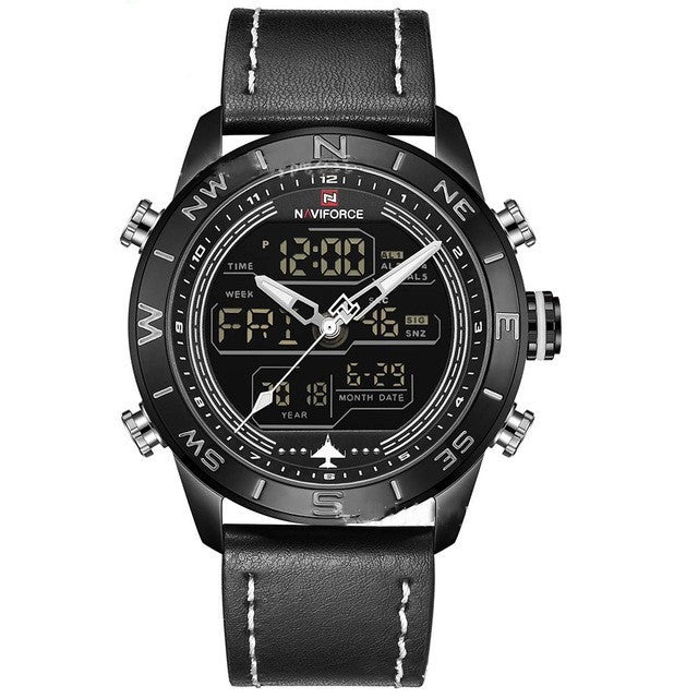 NAVIFORCE 9144 Reloj deportivo de moda dorado para hombre, reloj analógico digital LED para hombre, reloj de cuarzo de cuero militar del ejército, reloj masculino