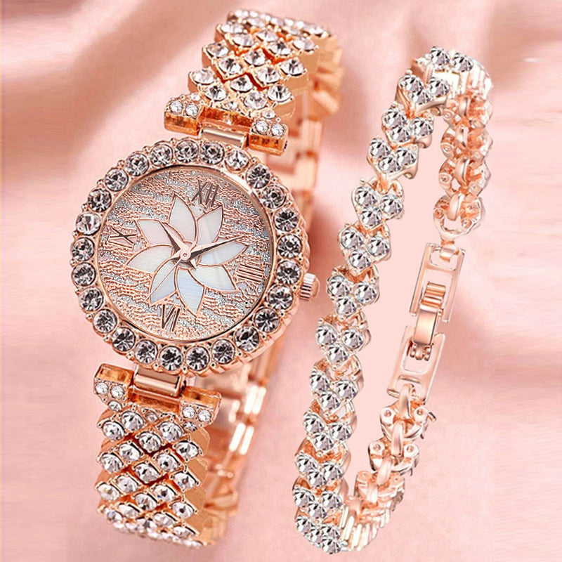 Reloj de pulsera con disco de flores y cielo estrellado con incrustaciones de diamantes para mujer