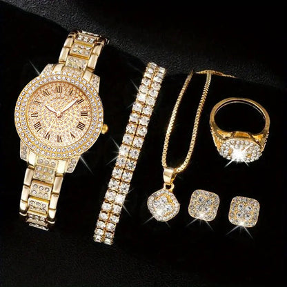 Conjunto de cinco piezas de reloj de cuarzo romano con diamantes de moda para mujer