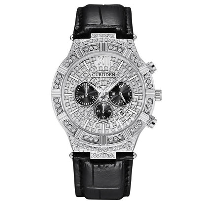 Diamond-embedded Fake Three-Eye Men's Fashion Belt Quartz Watch