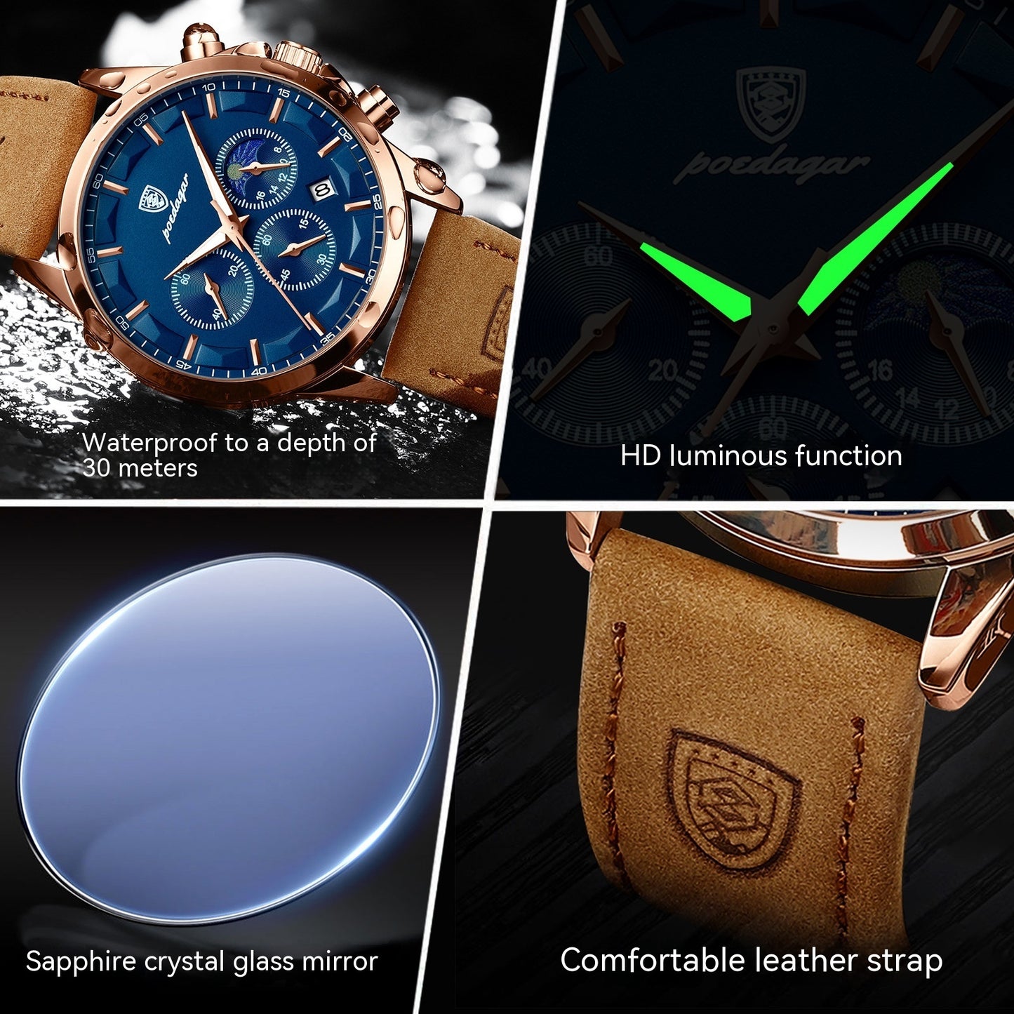 Reloj de cuarzo multifuncional para hombre resistente al agua