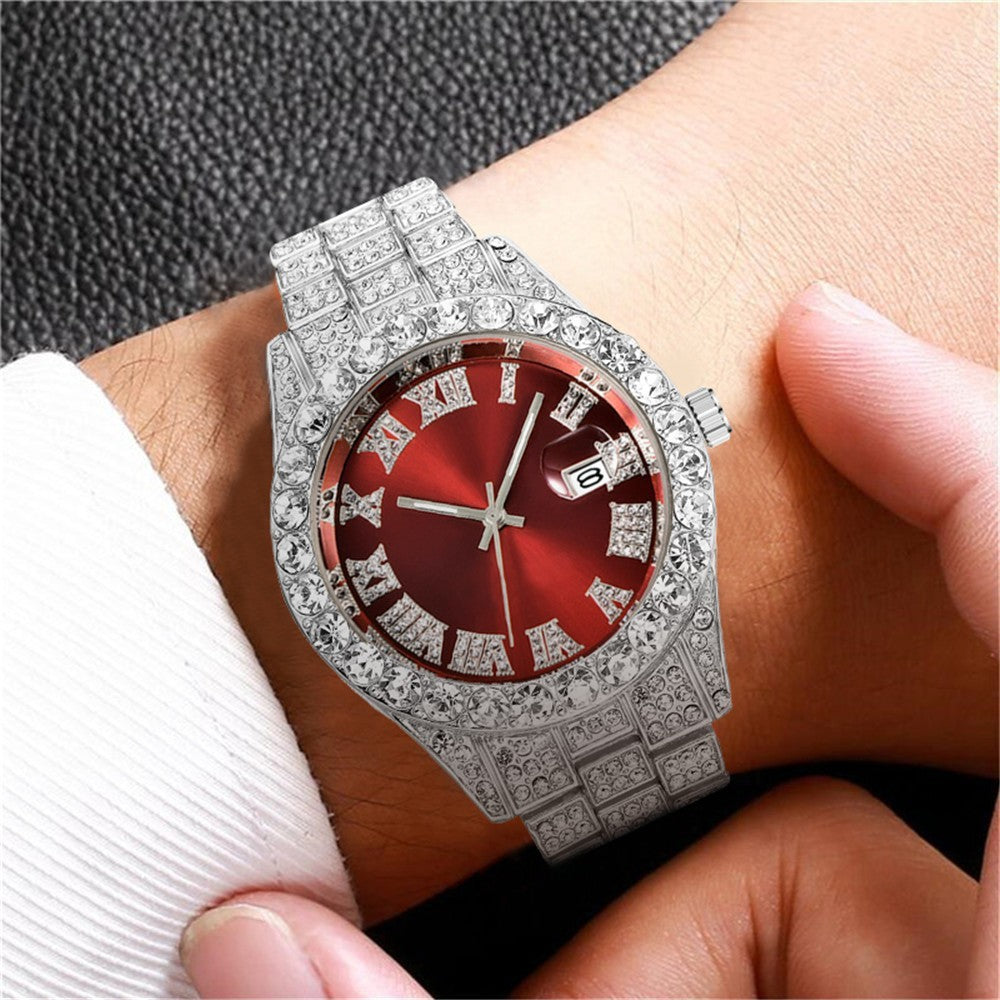 Reloj de cuarzo para hombre con calendario y correa de acero y diamantes romanos