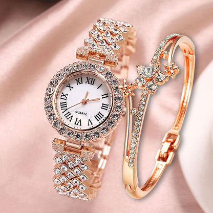 Reloj de cuarzo con diamantes de lujo y moda, pulsera de diamantes de doble capa, 2 piezas